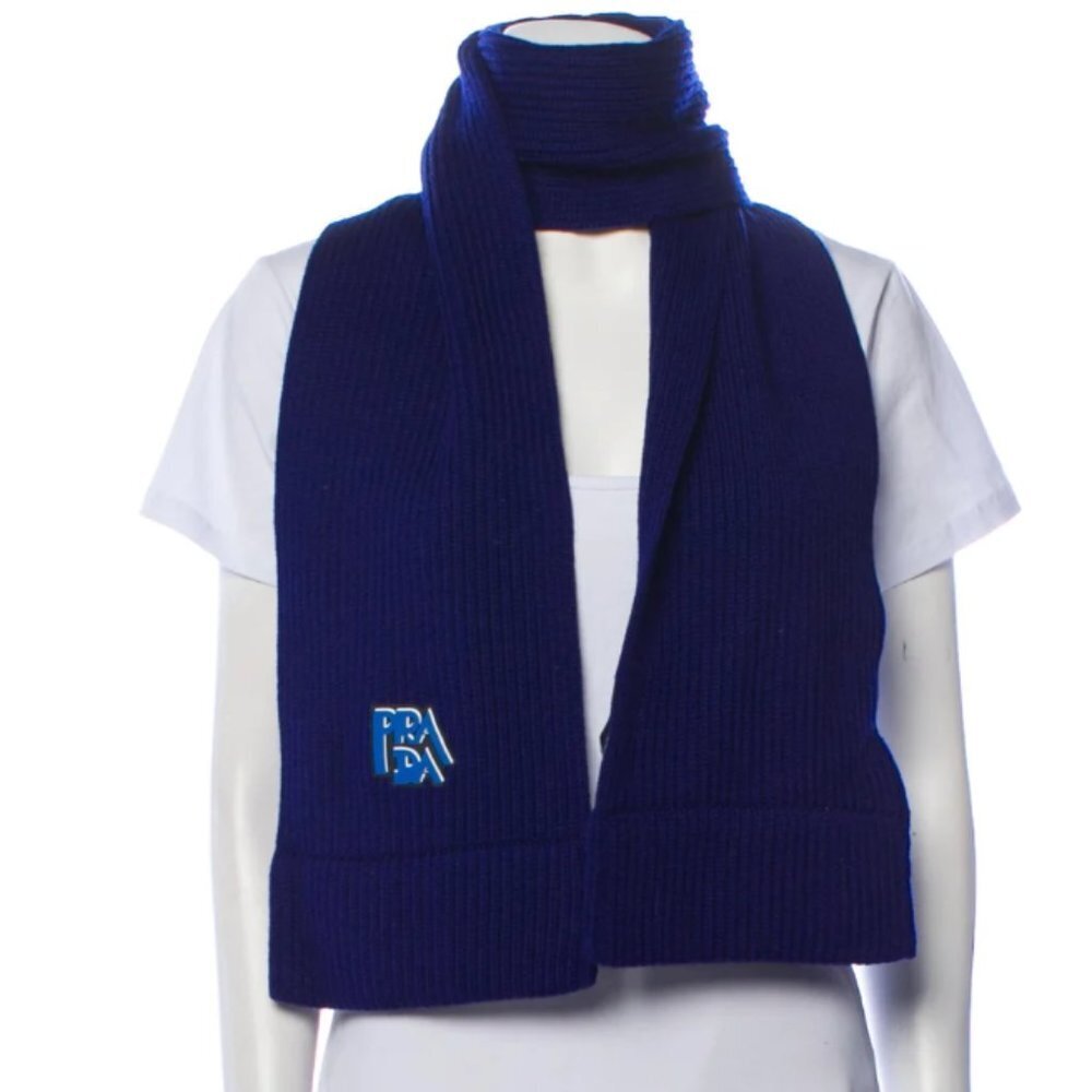 RARE Prada Virgin Wool Scarf Blue Graphic Print Embroidered